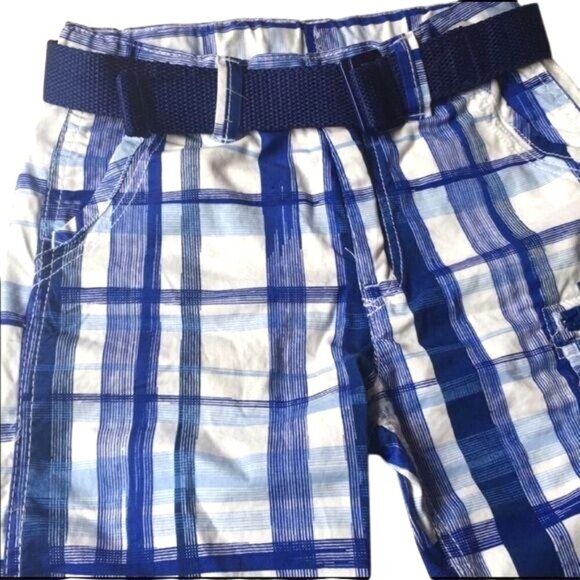 H&M Boys Blue Plaid Cargo Shorts With Adjustable Belt Size Boys 5 Cotton - Picture 5 of 8